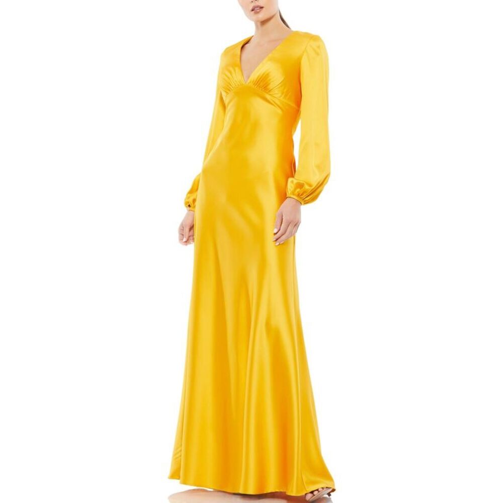 Yellow Satin V-Neck Long Sleeve Maxi Dress